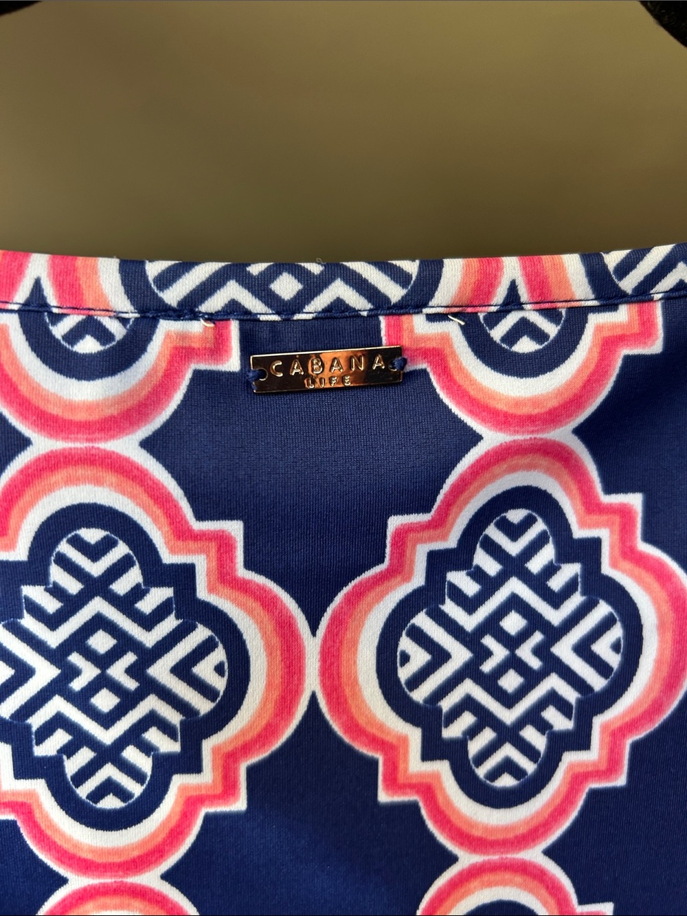 Cabana Life Navy and Pink Geometric Long Sleeve Shift Dress - Picture 3 of 4